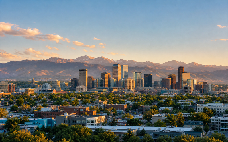 Denver skyline with Rocky Mountains backdrop