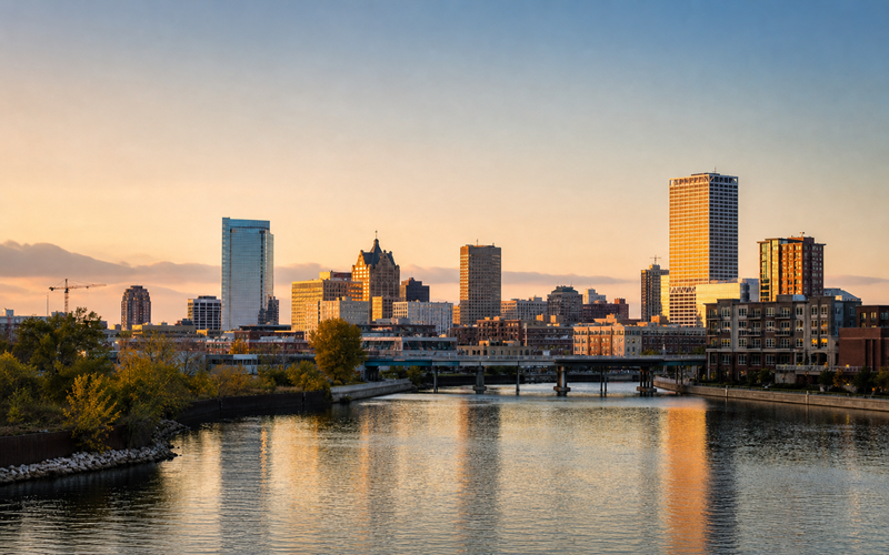 Milwaukee skyline with river and bridge at sunrise